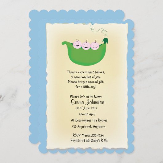 Uitnodiging tot een triplet jongen "Peas in a Pod" (Voorkant / Achterkant)