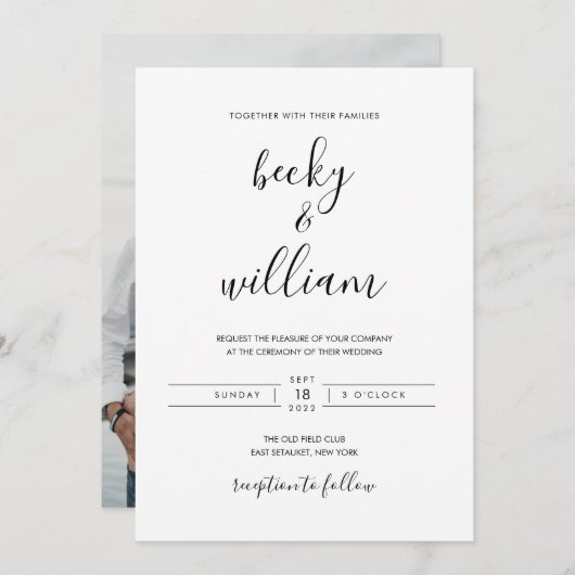 Uitnodiging tot een zwart-wit modern minimalistisc (Voorkant / Achterkant)