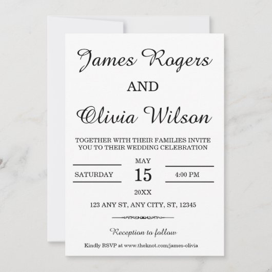 Uitnodiging tot een zwarte en witte minimale bruil (Voorkant)