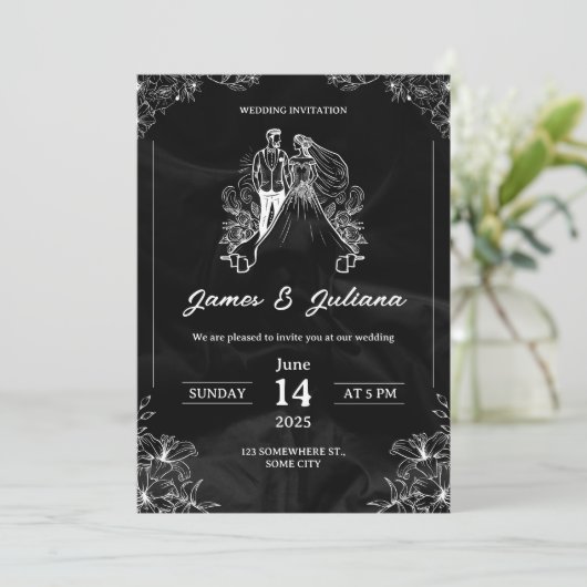 Uitnodiging tot een zwarte en witte moderne bruilo (Staand voorkant)