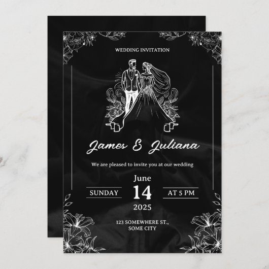 Uitnodiging tot een zwarte en witte moderne bruilo (Voorkant / Achterkant)