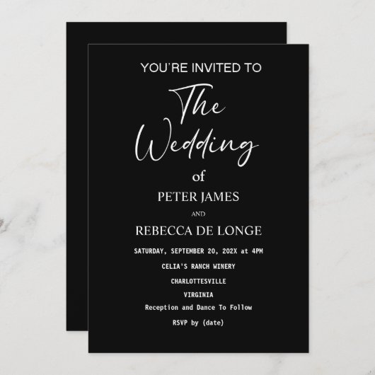 Uitnodiging tot een zwarte en witte moderne bruilo (Voorkant / Achterkant)