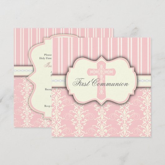 uitnodiging tot eerste communiqué roze Damask (Voorkant / Achterkant)