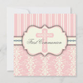  uitnodiging tot eerste communiqué roze Damask (Voorkant)