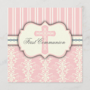 uitnodiging tot eerste communiqué roze Damask