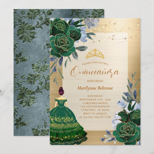 Uitnodiging tot Emerald Green Princess Quinceañera (Voorkant / Achterkant)