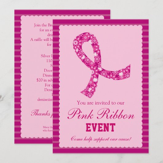 Uitnodiging tot evenement met roze lint-borstkanke (Voorkant / Achterkant)