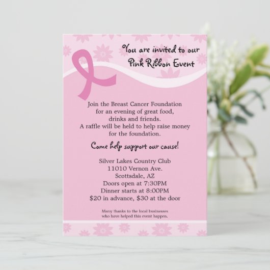 Uitnodiging tot evenement met roze lint-borstkanke (Staand voorkant)