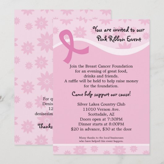Uitnodiging tot evenement met roze lint-borstkanke (Voorkant / Achterkant)
