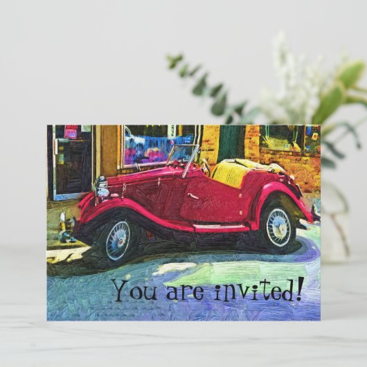 Uitnodiging tot feestvieren met klassieke auto (Staand voorkant)