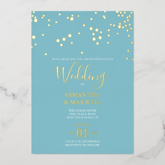 Uitnodiging tot Folie van kastal Blue en Gold Wedd (Voorkant)