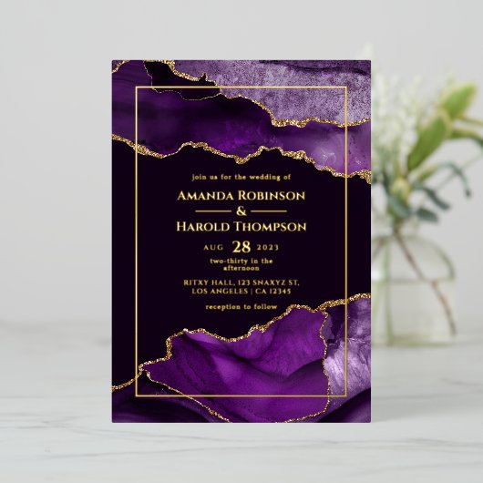 Uitnodiging tot Folie van Paarse en goudweddenscha (Staand Voorkant)