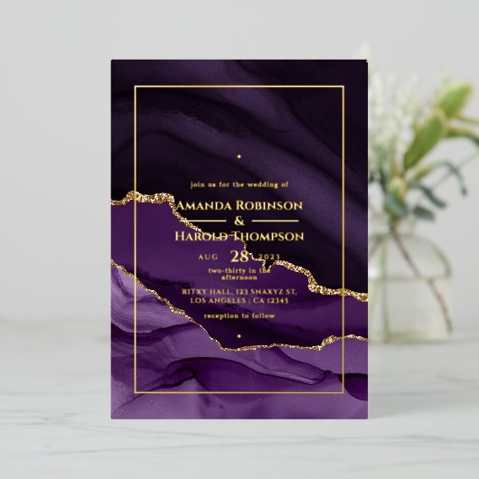 Uitnodiging tot Folie van Paarse en goudweddenscha (Staand Voorkant)