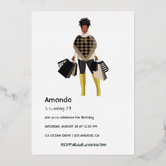 Uitnodiging tot Folie van Shopping Girl Birthday P (Achterkant)