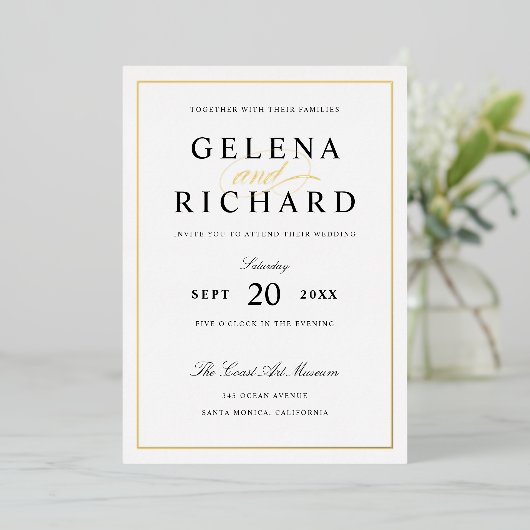 Uitnodiging tot Folie voor Elegant Black en Gold W (Staand Voorkant)