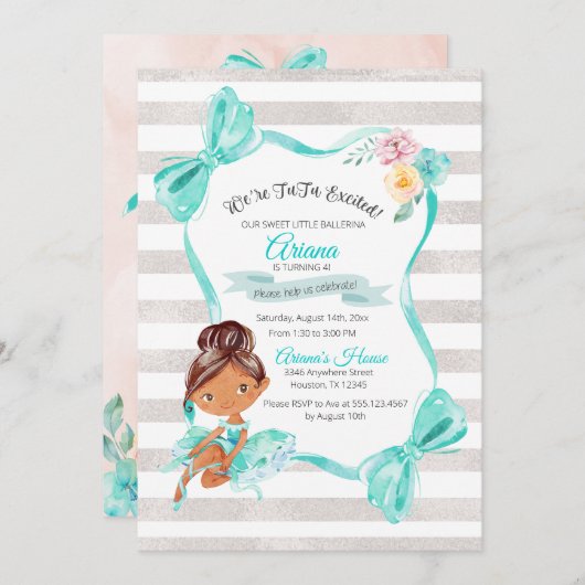Uitnodiging tot geboorte van Tutu Excited Ballerin (Voorkant / Achterkant)
