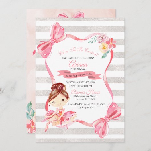 Uitnodiging tot geboorte van Tutu Excited Ballerin (Voorkant / Achterkant)