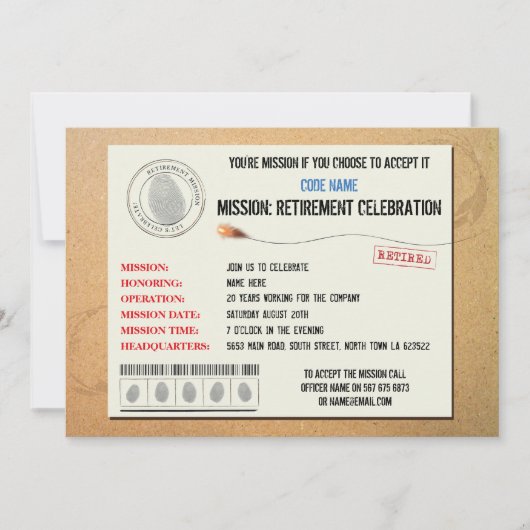 Uitnodiging tot geheime agent van Mission Retireme (Voorkant)