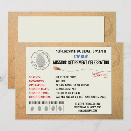 Uitnodiging tot geheime agent van Mission Retireme (Voorkant / Achterkant)