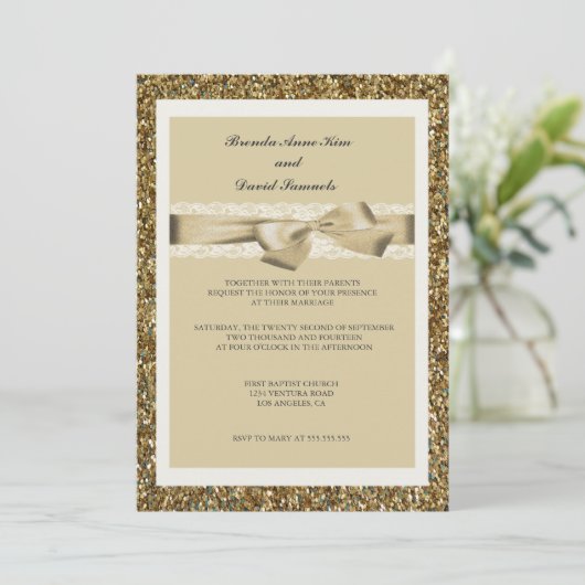 Uitnodiging tot Glitter Gold Lace Wedding (Staand voorkant)