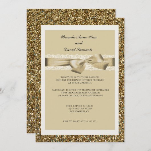 Uitnodiging tot Glitter Gold Lace Wedding (Voorkant / Achterkant)