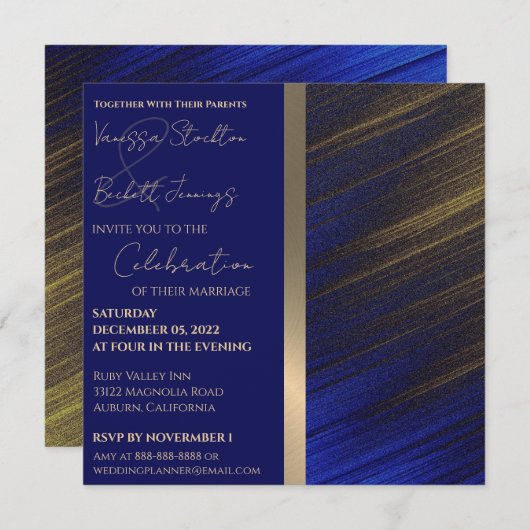 Uitnodiging tot gouden en blauwe bruiloft (Voorkant / Achterkant)
