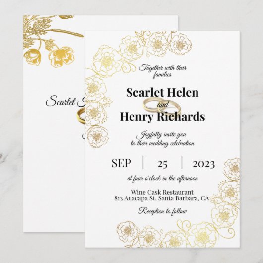 Uitnodiging tot gouden en witte bruiloft (Voorkant / Achterkant)