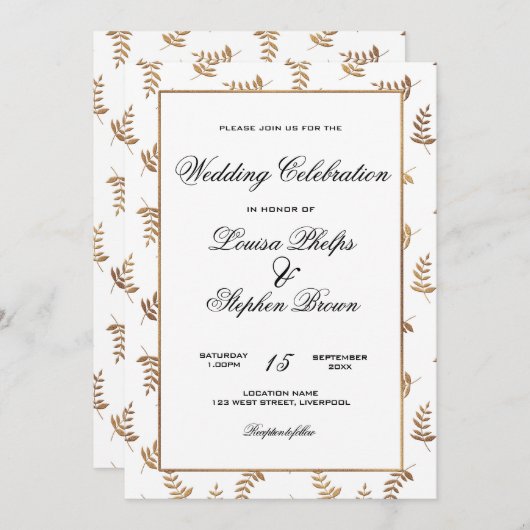 Uitnodiging tot gouden en witte bruiloft (Voorkant / Achterkant)