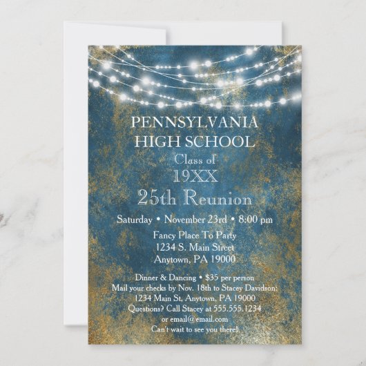 Uitnodiging tot hereniging met blauw goudlicht op  (Voorkant)