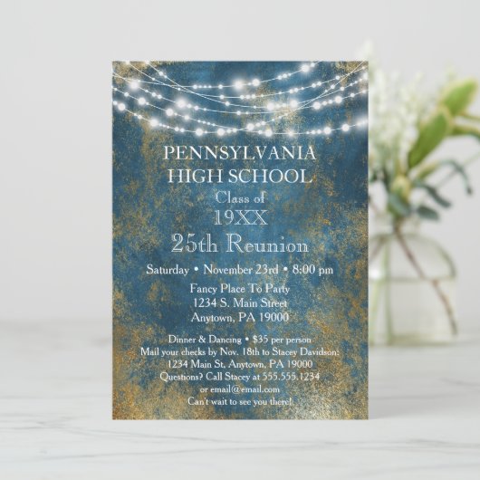 Uitnodiging tot hereniging met blauw goudlicht op  (Staand voorkant)