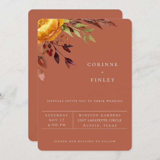 Uitnodiging tot herfst Bouquet Rust Wedding (Voorkant / Achterkant)