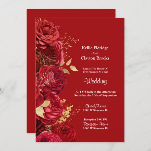 Uitnodiging tot het aangaan van rode en gouden bru (Voorkant / Achterkant)