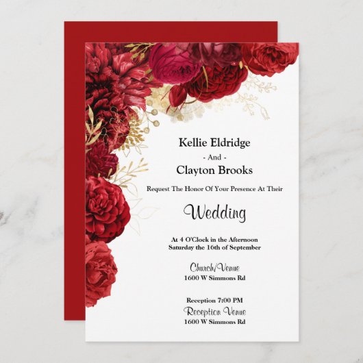 Uitnodiging tot het aangaan van rode en gouden bru (Voorkant / Achterkant)