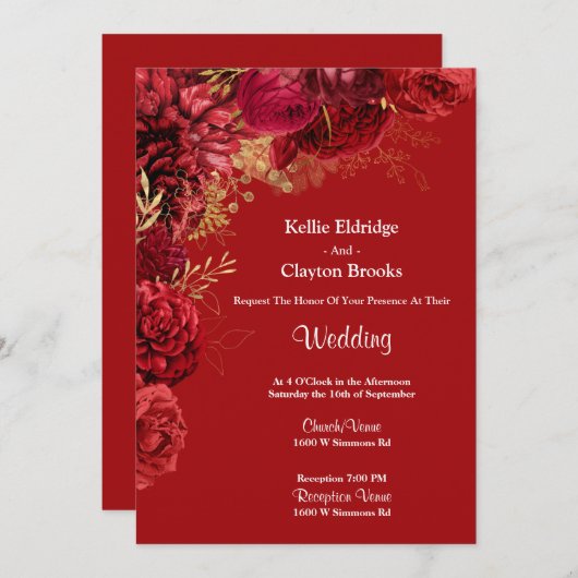 Uitnodiging tot het aangaan van rode en gouden bru (Voorkant / Achterkant)