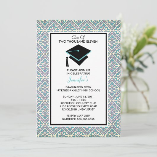 Uitnodiging tot het Afstuderen Turquoise Blue Dama (Staand voorkant)