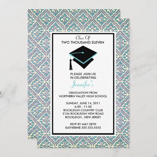 Uitnodiging tot het Afstuderen Turquoise Blue Dama (Voorkant / Achterkant)