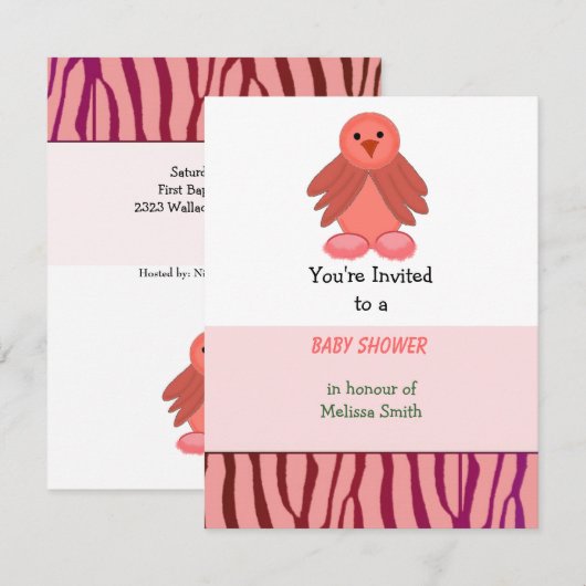 Uitnodiging tot het Baby shower Coral Birdie (Voorkant / Achterkant)