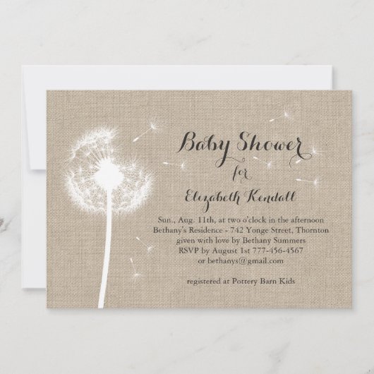 Uitnodiging tot het Baby shower Dandelion Burlap (Voorkant)
