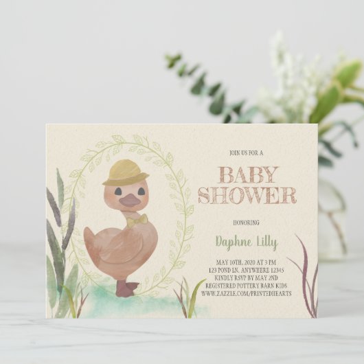 Uitnodiging tot het Baby shower Rustic Ducking Boy (Staand voorkant)