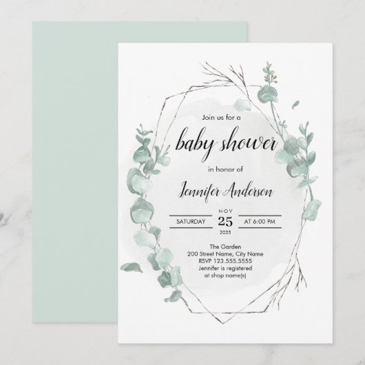 Uitnodiging tot het Baby shower Rustic Eucalyptus (Voorkant / Achterkant)