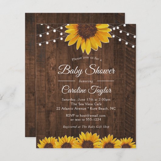 Uitnodiging tot het Baby shower Rustige zonnebloem (Voorkant / Achterkant)