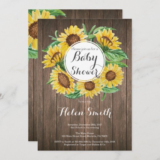 Uitnodiging tot het Baby shower Rustige zonnebloem (Voorkant / Achterkant)