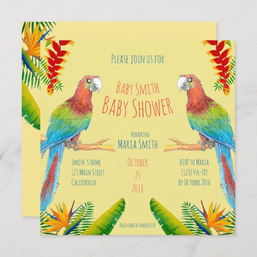 Uitnodiging tot het Baby shower Tropical Macaw Par (Voorkant / Achterkant)