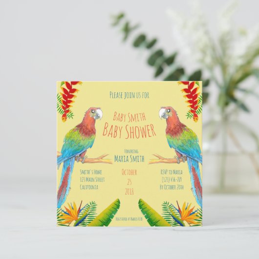 Uitnodiging tot het Baby shower Tropical Macaw Par (Staand voorkant)