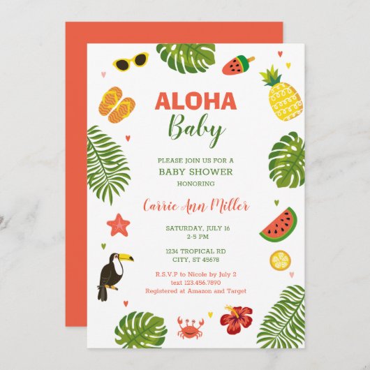 Uitnodiging tot het Baby shower Tropisch Hawaiian  (Voorkant / Achterkant)