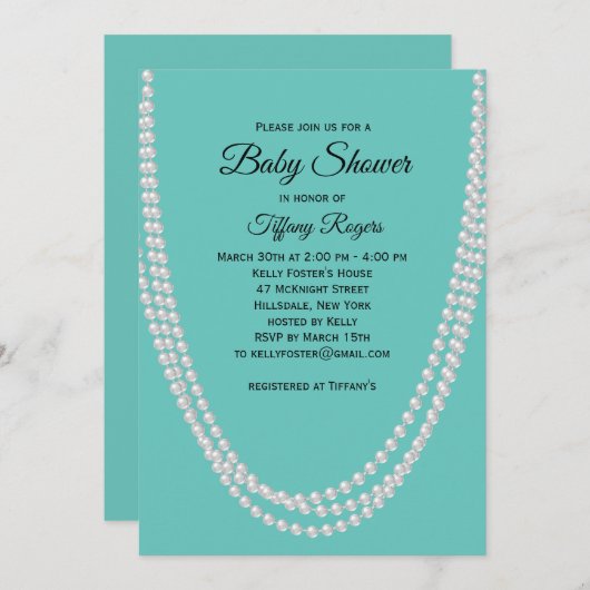 Uitnodiging tot het Baby shower Turquoise en Pearl (Voorkant / Achterkant)