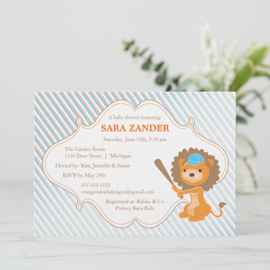 Uitnodiging tot het Baby shower van Baseball Lion (Staand voorkant)