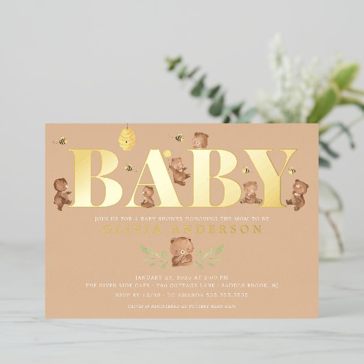 Uitnodiging tot het Baby shower van Cream Honey Be (Staand Voorkant)