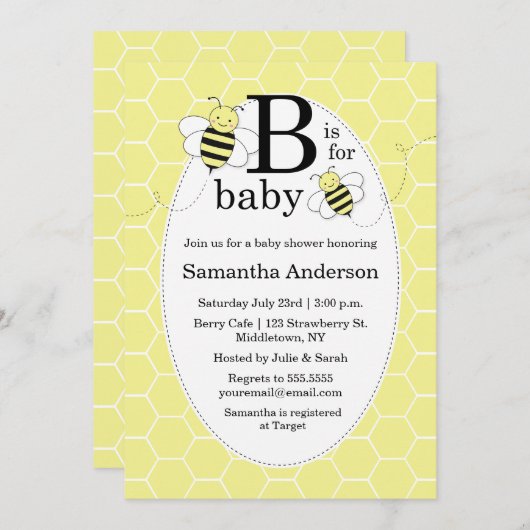 Uitnodiging tot het Baby shower van Cute Bee - Gen (Voorkant / Achterkant)