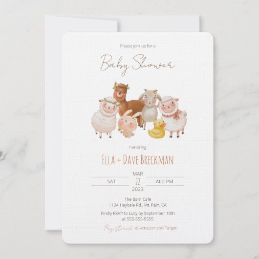 Uitnodiging tot het Baby shower van "Cute Farm Ani (Voorkant)